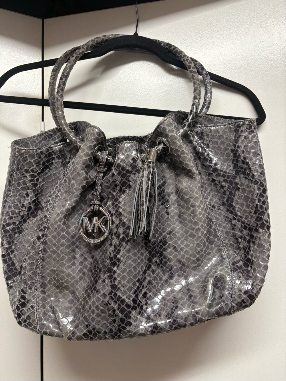 Michael Kors Gray Snake-Print Tote with MK Charm